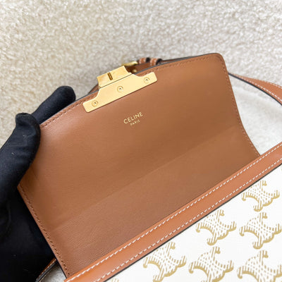 Celine Teen Triomphe Flap Bag in White Triomphe Canvas, Tan Calfskin and GHW