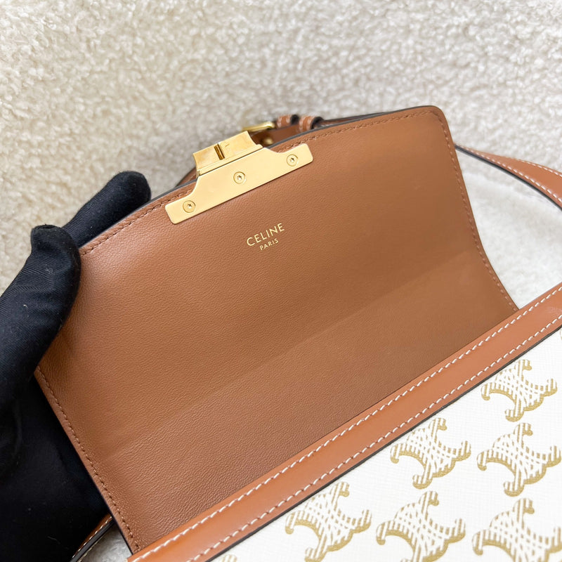 Celine Teen Triomphe Flap Bag in White Triomphe Canvas, Tan Calfskin and GHW