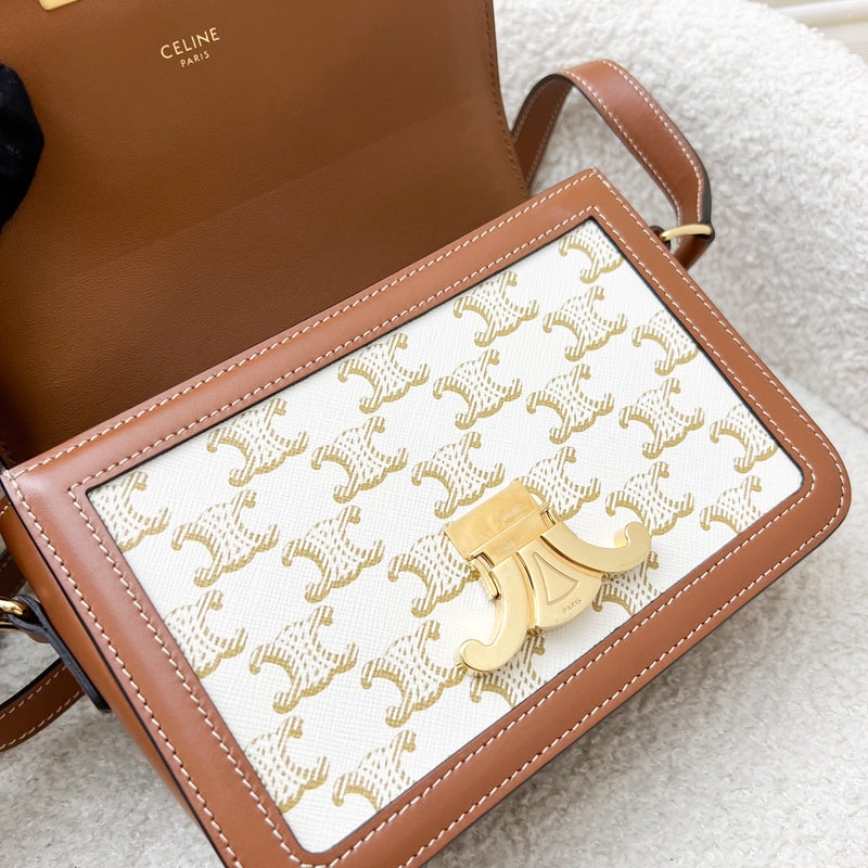 Celine Teen Triomphe Flap Bag in White Triomphe Canvas, Tan Calfskin and GHW