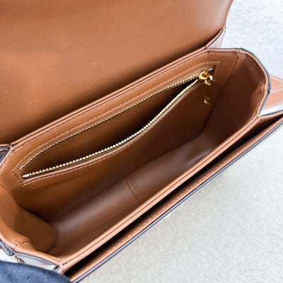 Celine Teen Triomphe Flap Bag in White Triomphe Canvas, Tan Calfskin and GHW