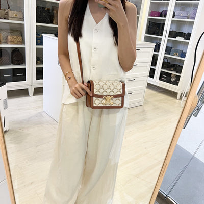 Celine Teen Triomphe Flap Bag in White Triomphe Canvas, Tan Calfskin and GHW