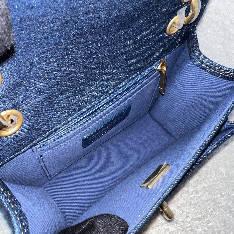Chanel 23S Chain Handle Mini Flap in Dark Blue Denim and AGHW (Model: AS4051)