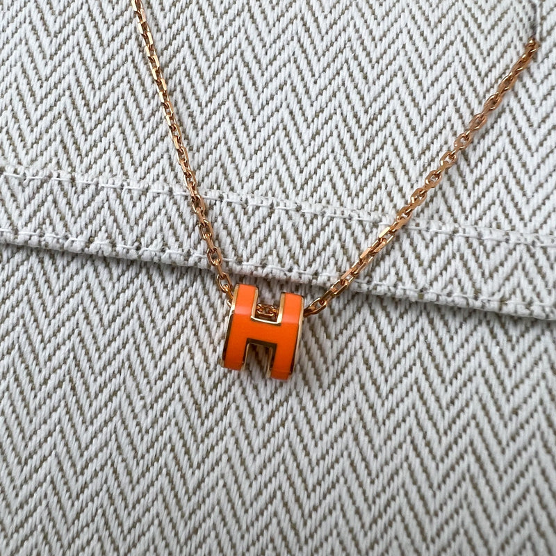 Hermes Mini Pop H Pendant Necklace in Orange Enamel and RGHW