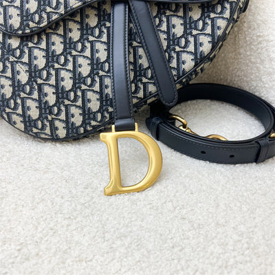 Dior Medium Saddle Bag with Long Crossbody Strap in Dark Blue Oblique Canvas and AGHW