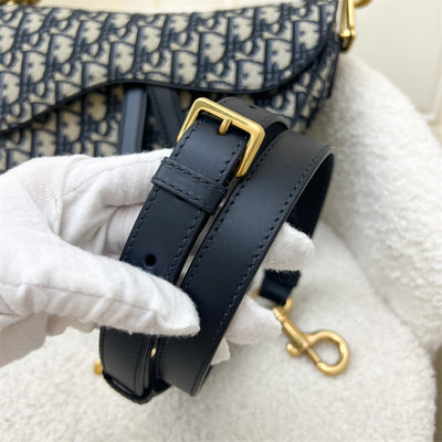 Dior Medium Saddle Bag with Long Crossbody Strap in Dark Blue Oblique Canvas and AGHW