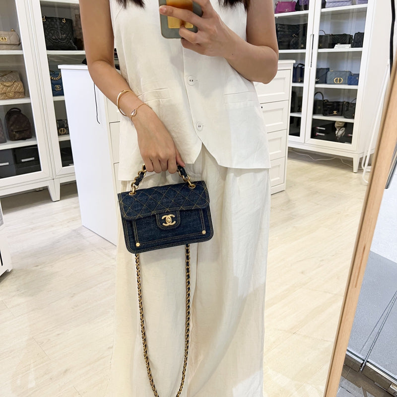 Chanel 23S Chain Handle Mini Flap in Dark Blue Denim and AGHW (Model: AS4051)
