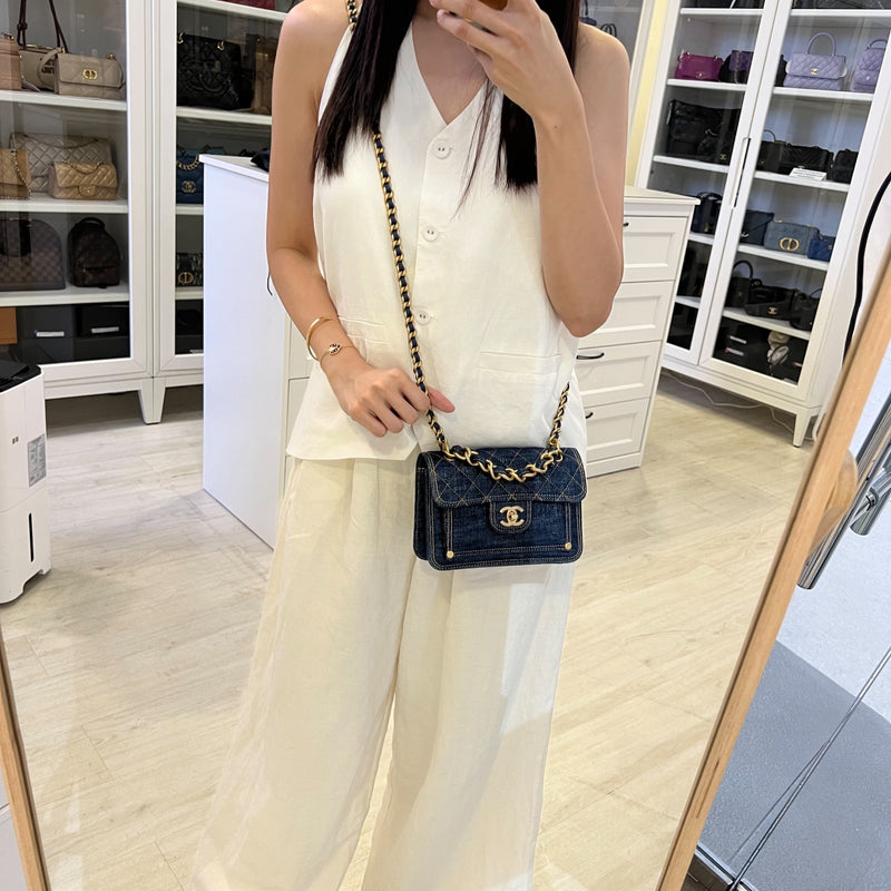 Chanel 23S Chain Handle Mini Flap in Dark Blue Denim and AGHW (Model: AS4051)