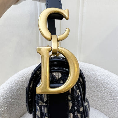 Dior Medium Saddle Bag with Long Crossbody Strap in Dark Blue Oblique Canvas and AGHW