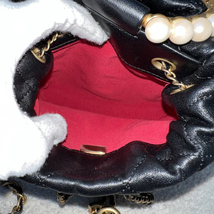 Chanel Pearl Handle Mini Drawstring Bucket Bag in Black Lambskin