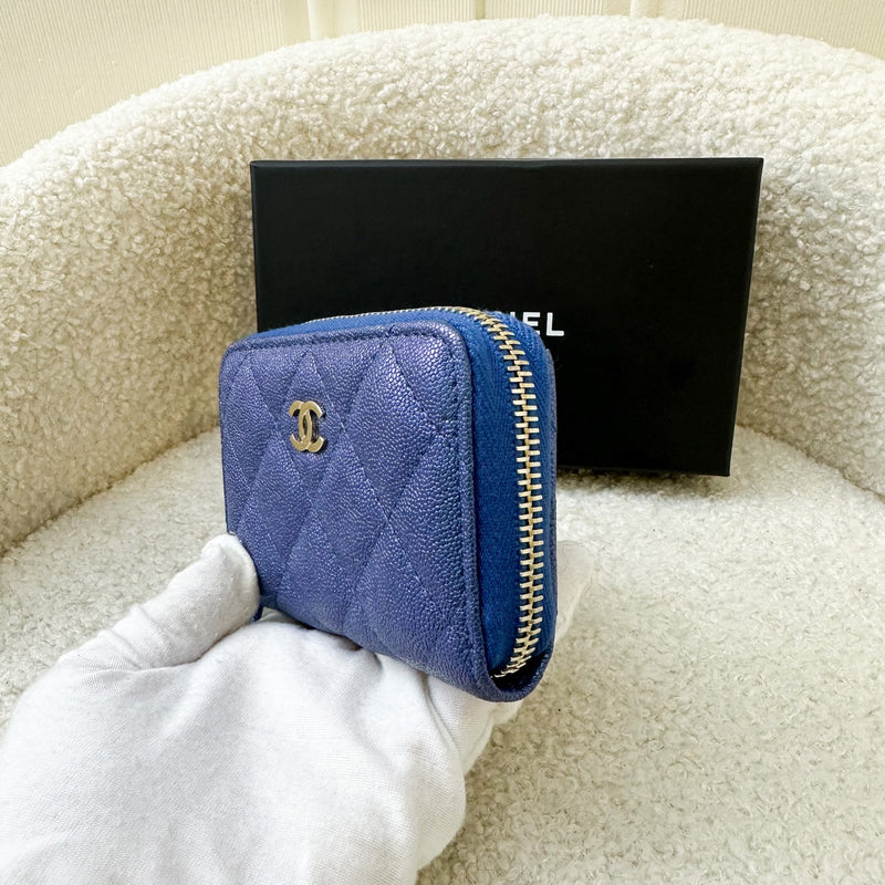 Chanel Zippy Card Holder in Iridescent Blue Grained Calfskin and LGHW