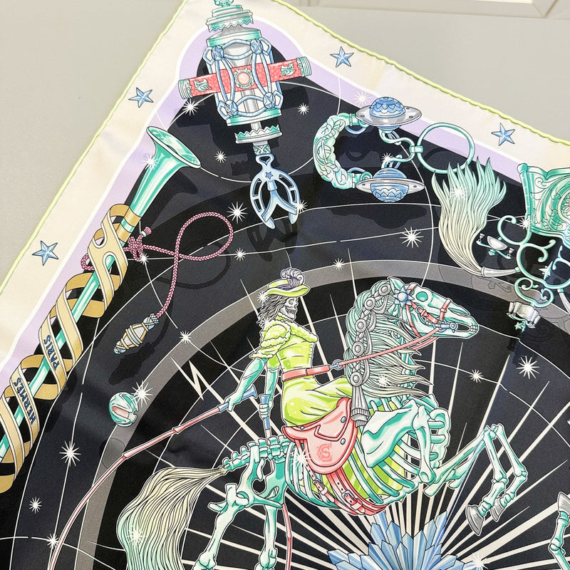Hermes 70cm Scarf Soie Vintage Chorus Stellarum EC (Gris Nacre / Anthracite / Vert)