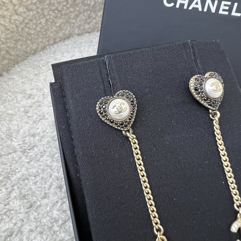 Chanel 22B CC Heart Long Earrings with Black and White Crystals and Pearls