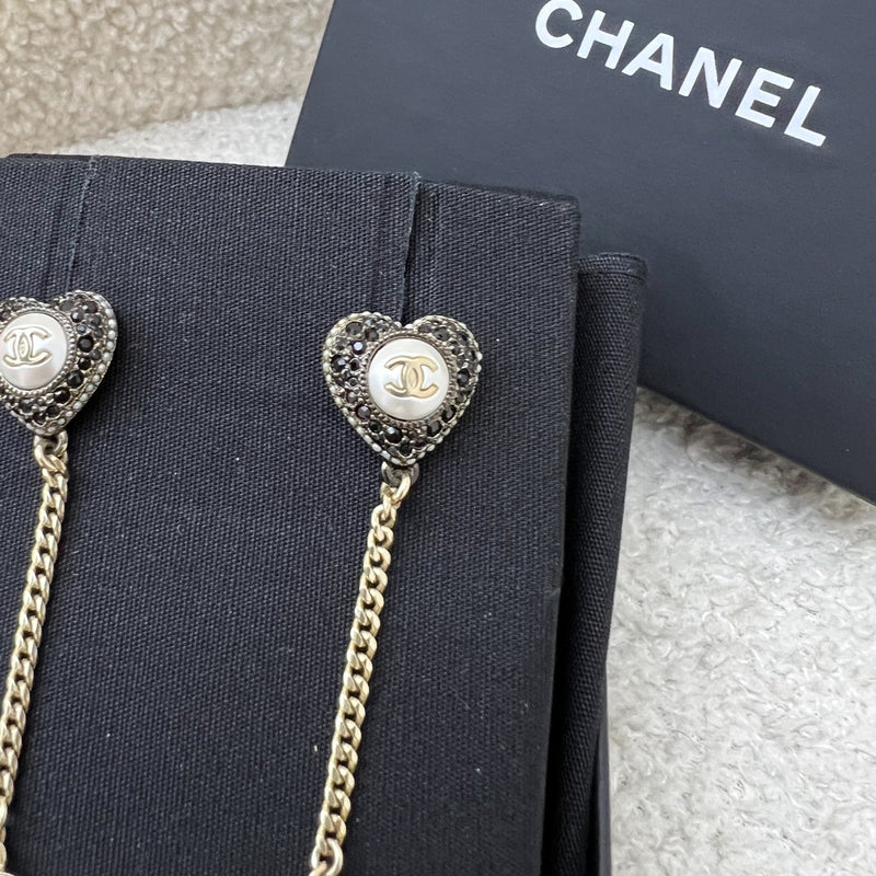 Chanel 22B CC Heart Long Earrings with Black and White Crystals and Pearls