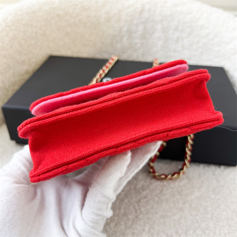 Chanel 2022 VIP Clutch on Chain in Red Jersey, Pink Interior and LGHW