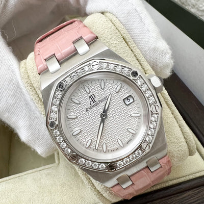 Audemars Vintage Piguet Royal Oak 33mm Lady Watch in Steel with Factory Set Diamond Bezel and Pink Crocodile Strap (Model: 67601ST.ZZ.D012CR.01)