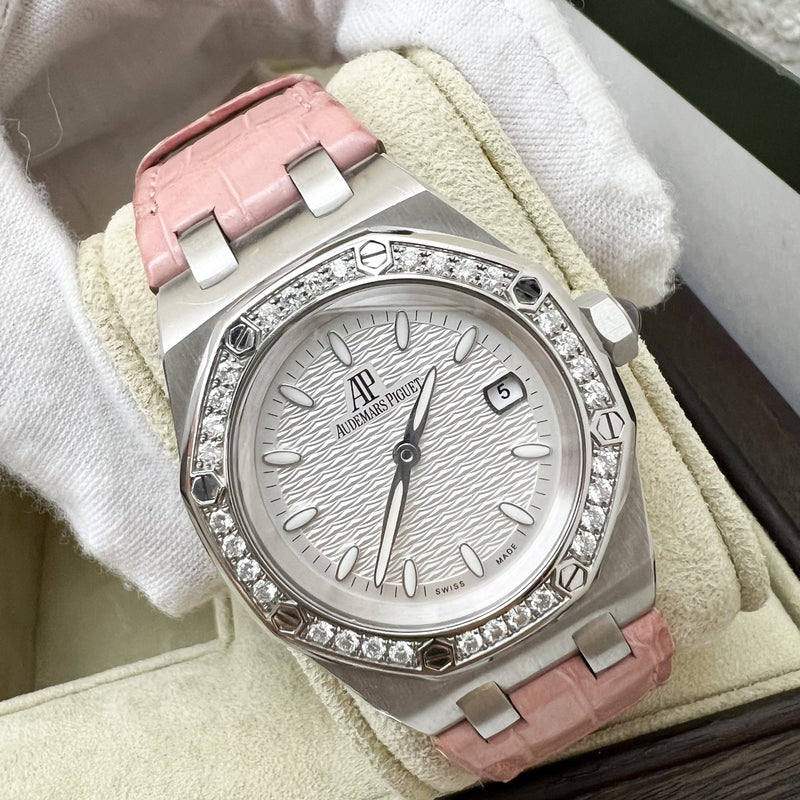 Audemars Vintage Piguet Royal Oak 33mm Lady Watch in Steel with Factory Set Diamond Bezel and Pink Crocodile Strap (Model: 67601ST.ZZ.D012CR.01)