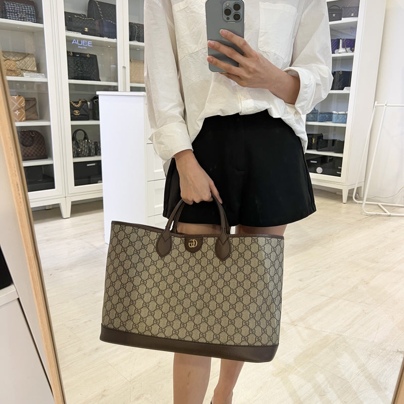 Gucci Ophidia Medium Tote in GG Supreme Canvas with Brown Leather Trim