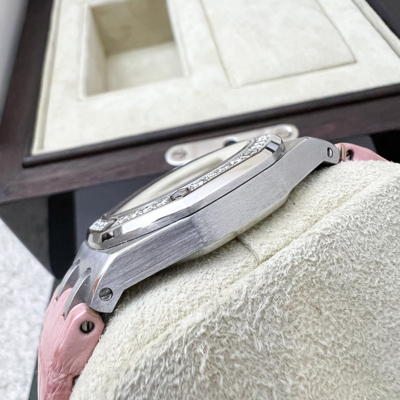 Audemars Vintage Piguet Royal Oak 33mm Lady Watch in Steel with Factory Set Diamond Bezel and Pink Crocodile Strap (Model: 67601ST.ZZ.D012CR.01)