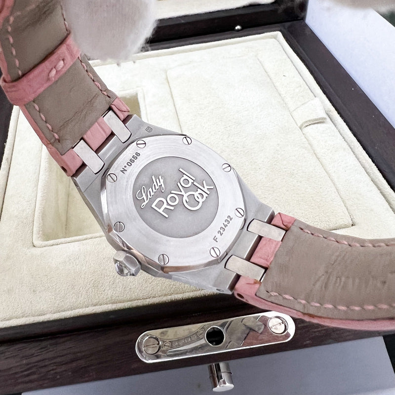 Audemars Vintage Piguet Royal Oak 33mm Lady Watch in Steel with Factory Set Diamond Bezel and Pink Crocodile Strap (Model: 67601ST.ZZ.D012CR.01)