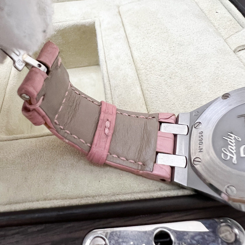 Audemars Vintage Piguet Royal Oak 33mm Lady Watch in Steel with Factory Set Diamond Bezel and Pink Crocodile Strap (Model: 67601ST.ZZ.D012CR.01)
