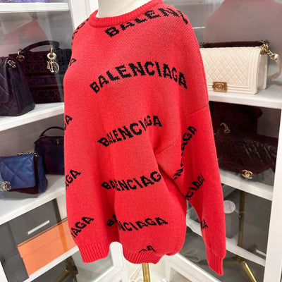 Balenciaga Logomania Allover Sweater in Red Wool Blend