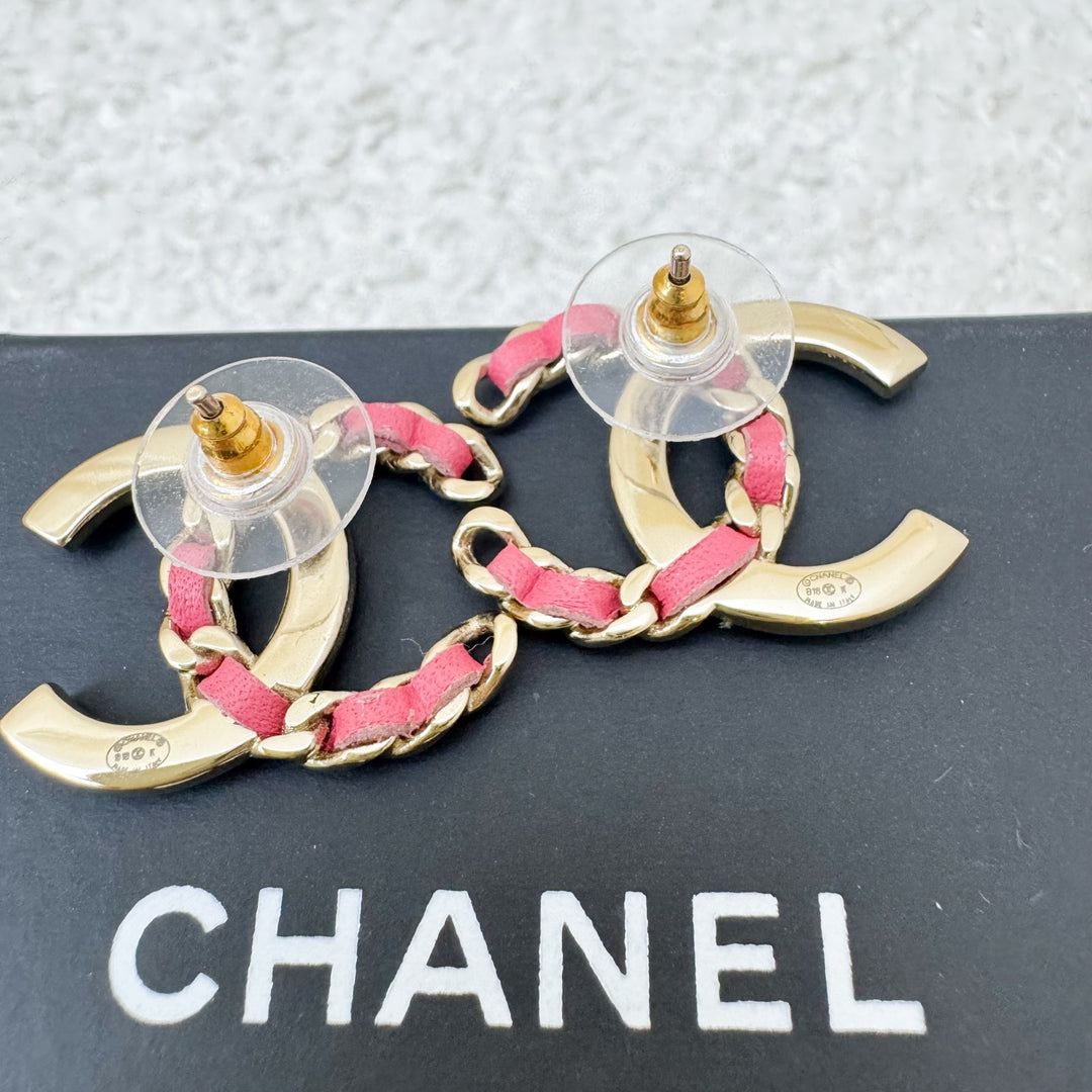 Chanel Medium CC Logo Earrings with Pink Leather and Crystals in