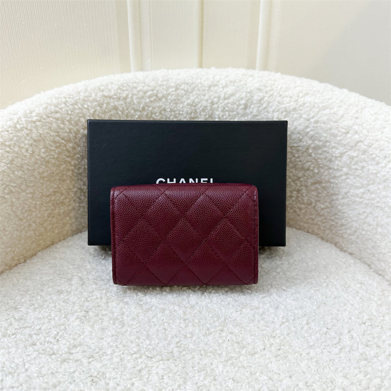 Chanel Trifold Small Compact Wallet in Burgundy Red Caviar LGHW