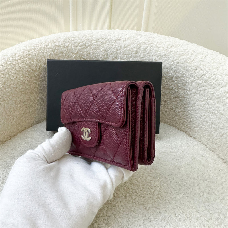 Chanel Trifold Small Compact Wallet in Burgundy Red Caviar LGHW