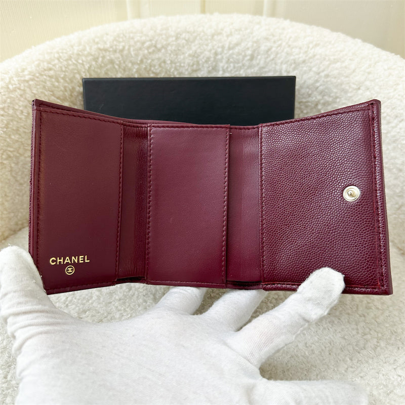 Chanel Trifold Small Compact Wallet in Burgundy Red Caviar LGHW