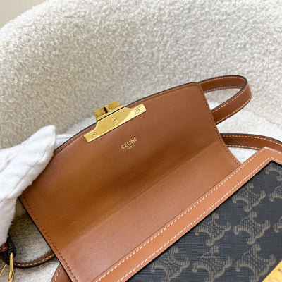 Celine Triomphe Flap Bag in Coated Triomphe Canvas, Tan Calfskin and GHW (Model: 188882BZ4)