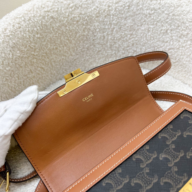 Celine Triomphe Flap Bag in Coated Triomphe Canvas, Tan Calfskin and GHW (Model: 188882BZ4)