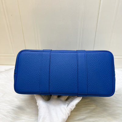 Hermes Garden Party 30 in Bleu Zellige Tissage Grand Chevron Fabric, Vache Country Leather and PHW