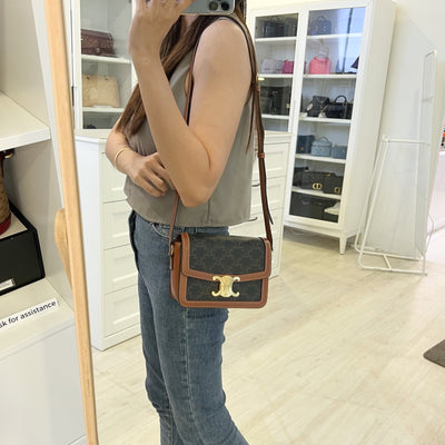 Celine Triomphe Flap Bag in Coated Triomphe Canvas, Tan Calfskin and GHW (Model: 188882BZ4)