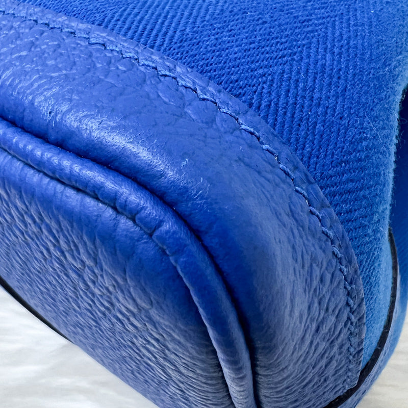 Hermes Garden Party 30 in Bleu Zellige Tissage Grand Chevron Fabric, Vache Country Leather and PHW
