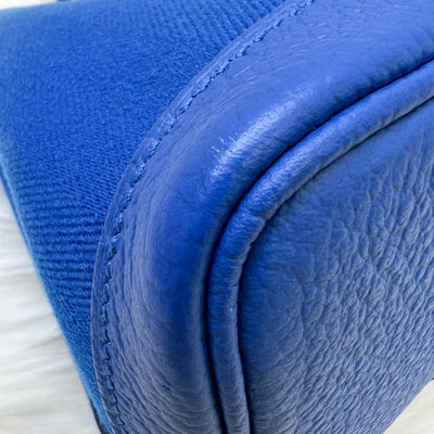 Hermes Garden Party 30 in Bleu Zellige Tissage Grand Chevron Fabric, Vache Country Leather and PHW
