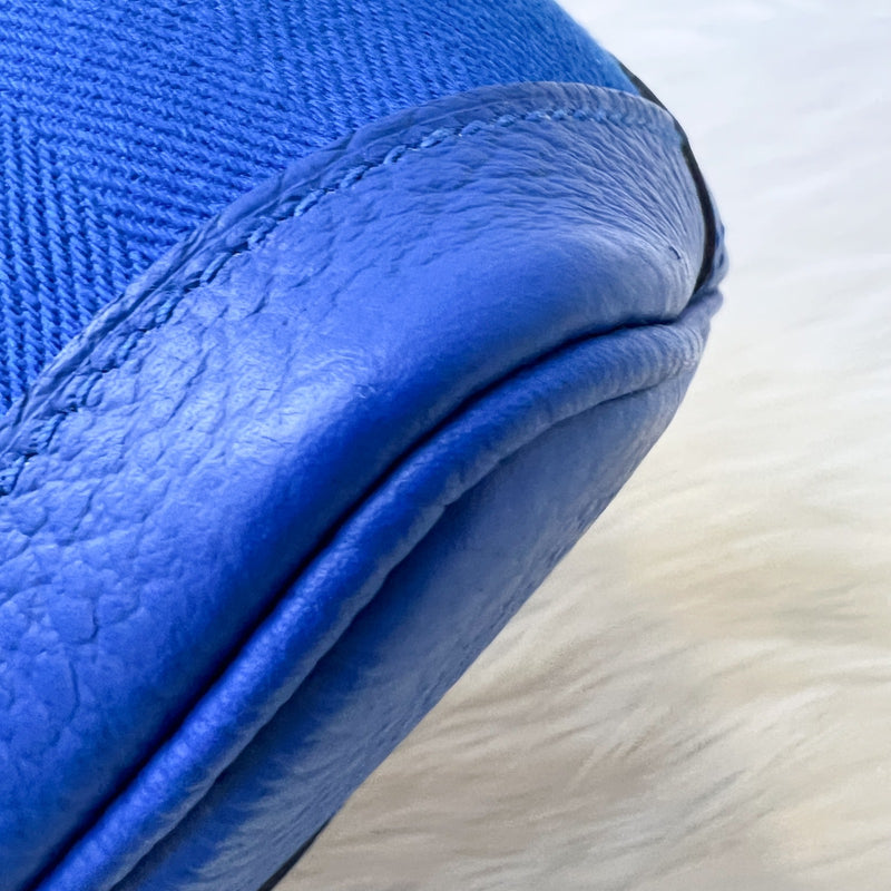 Hermes Garden Party 30 in Bleu Zellige Tissage Grand Chevron Fabric, Vache Country Leather and PHW