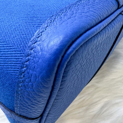 Hermes Garden Party 30 in Bleu Zellige Tissage Grand Chevron Fabric, Vache Country Leather and PHW