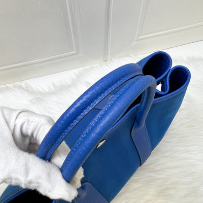 Hermes Garden Party 30 in Bleu Zellige Tissage Grand Chevron Fabric, Vache Country Leather and PHW