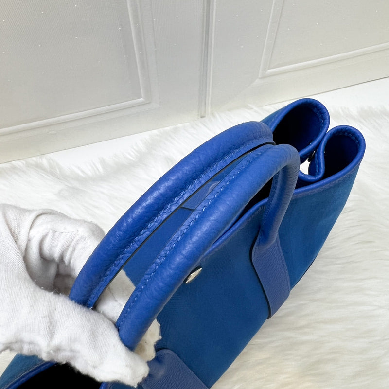 Hermes Garden Party 30 in Bleu Zellige Tissage Grand Chevron Fabric, Vache Country Leather and PHW