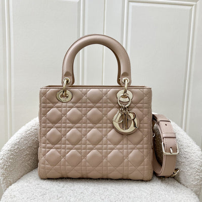 Dior Medium Lady Dior in Rose Beige Lambskin and LGHW (New Version with Adjustable Strap)