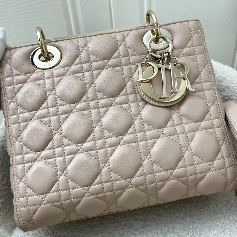 Dior Medium Lady Dior in Rose Beige Lambskin and LGHW (New Version with Adjustable Strap)