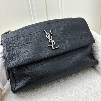 Saint Laurent YSL West Hollywood Flap Bag in Black Croc Embossed Leather and RHW