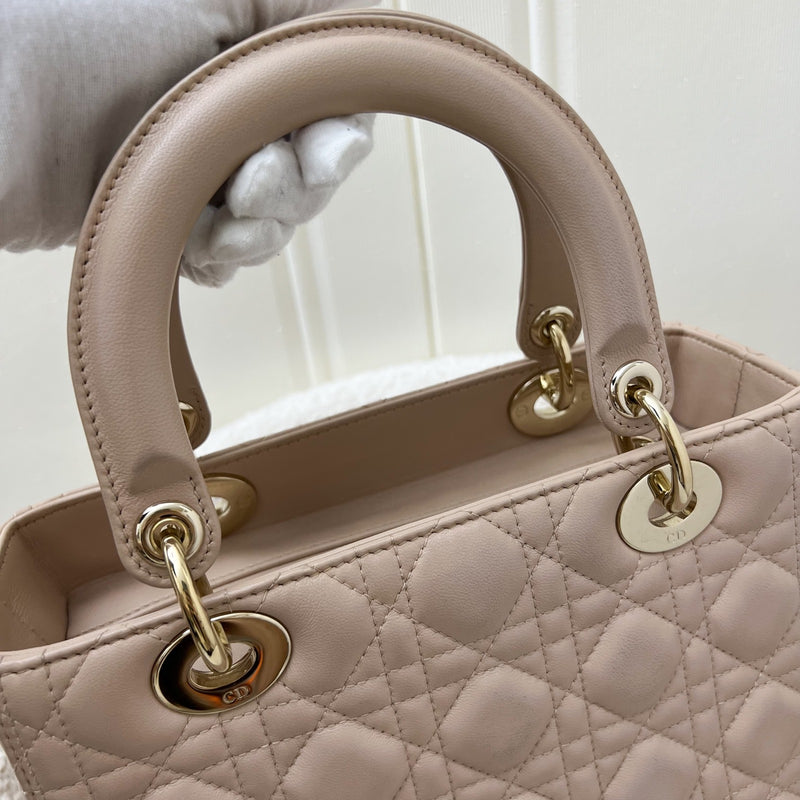 Dior Medium Lady Dior in Rose Beige Lambskin and LGHW (New Version with Adjustable Strap)