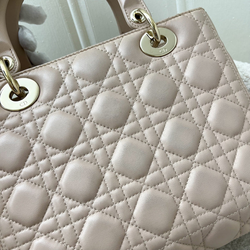 Dior Medium Lady Dior in Rose Beige Lambskin and LGHW (New Version with Adjustable Strap)