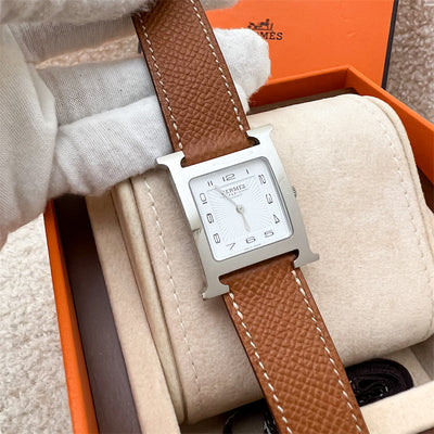 Hermes Heure H MM Watch in Steel with Gold Epsom Strap