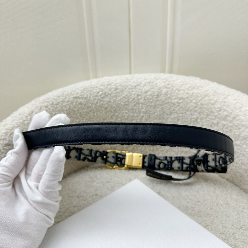 Dior 30 Montaigne Reversible Women Belt in Blue Smooth Calfskin / Dior Oblique Canvas and GHW