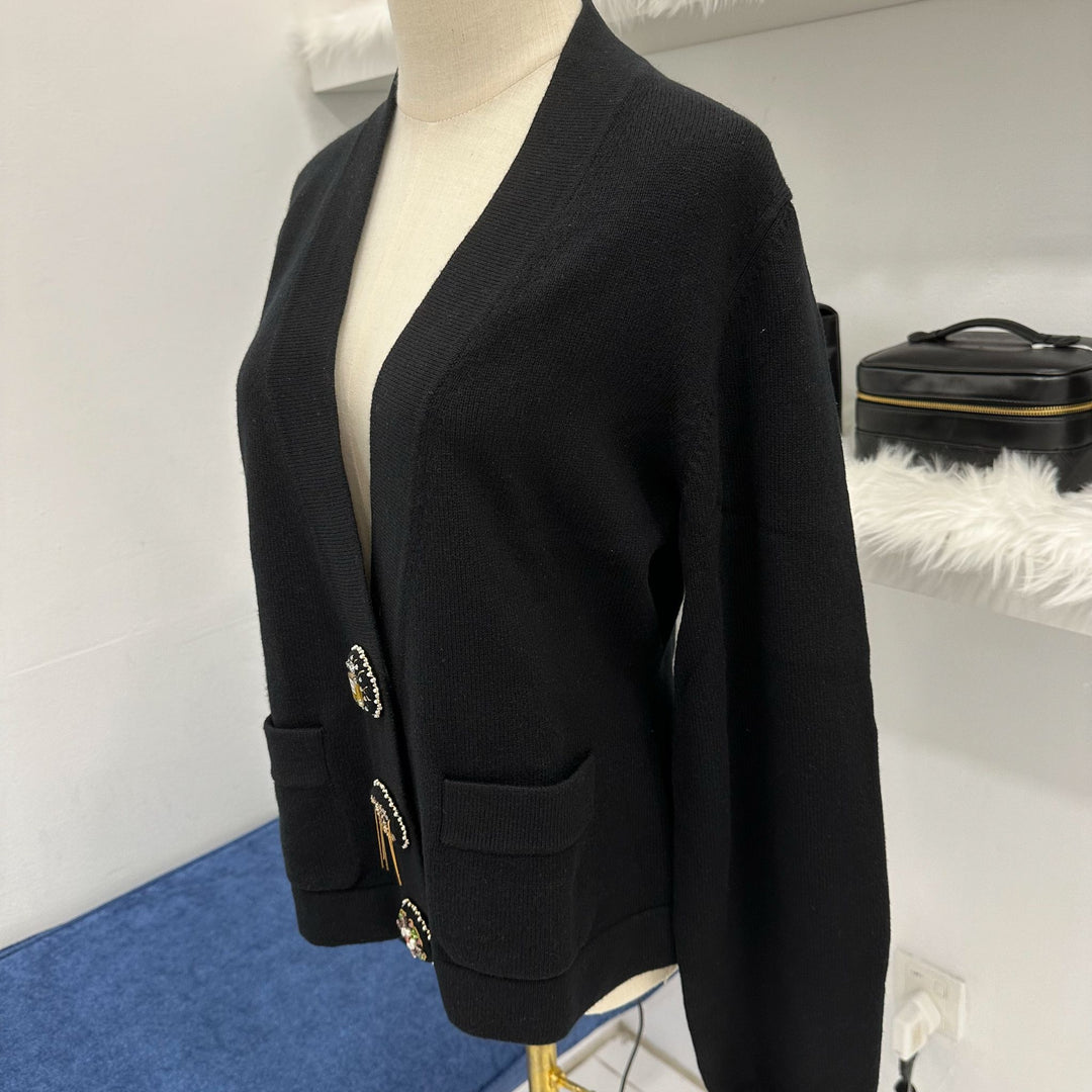 Chanel 22A Runway Cardigan in Black Cashmere with Embellished