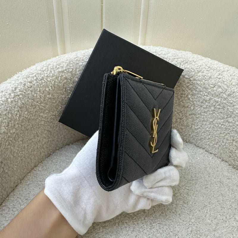 Saint Laurent YSL Monogram Wallet in Black Grained Leather GHW