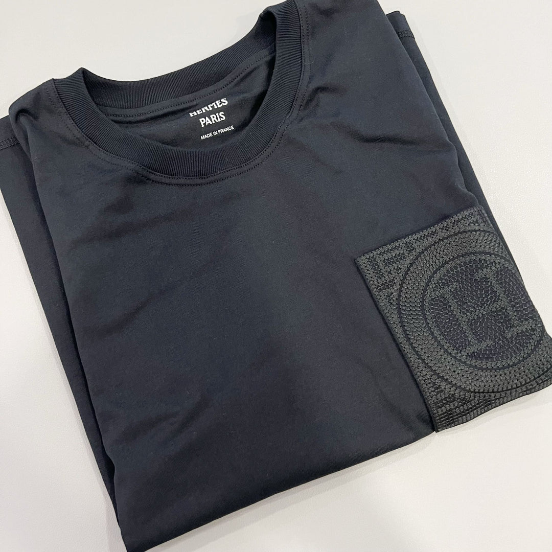Hermes Embroidered Pocket T-Shirt in Black 100% Cotton Sz 36