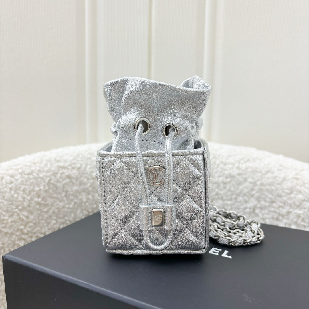 Chanel VIP Gift 2021 Micro Box Bag in Metallic Silver Lambskin and
